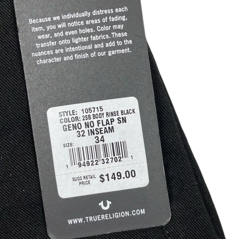 True Religion Geno No Flap 35x31 Black Jeans Relaxed Slim Men's NWT